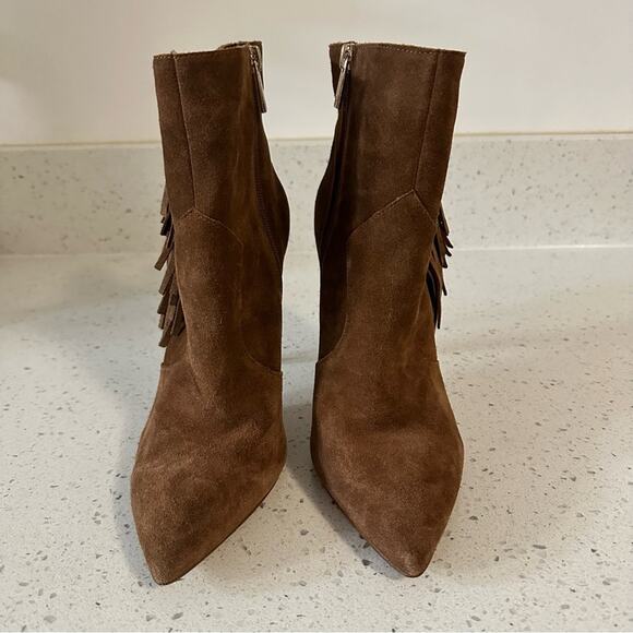 Jessica Simpson Fringe Brown Suede Pointed Toe Heeled Ankle Booties Boots 9M/40 - Picture 5 of 14
